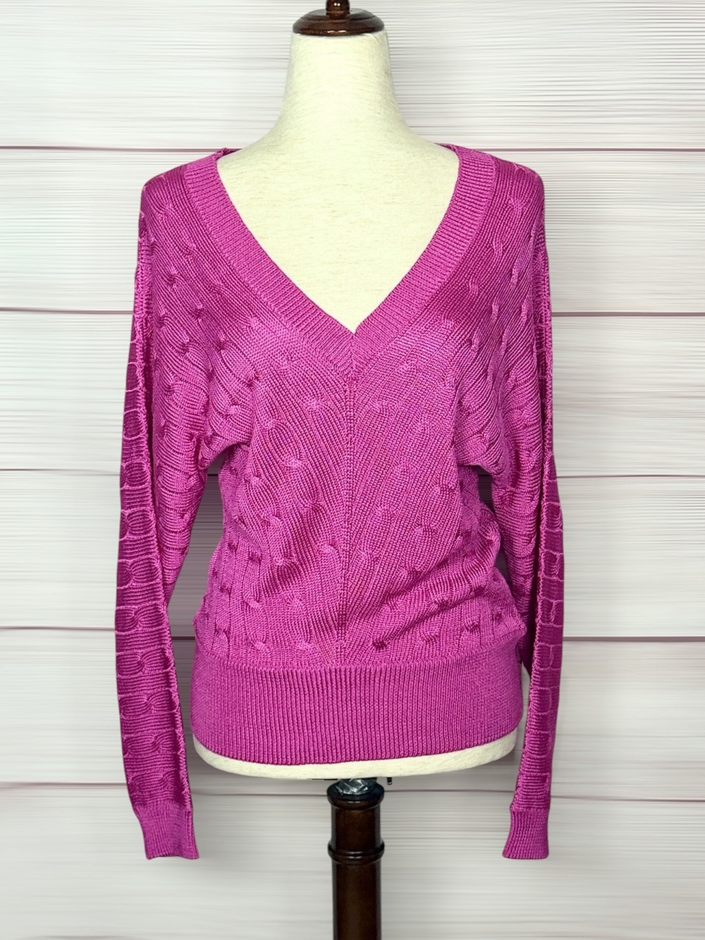 NWOT Ralph Lauren Black Label Silk Sweater Fuchsia Pink Cable Knit Deep V-Neck M